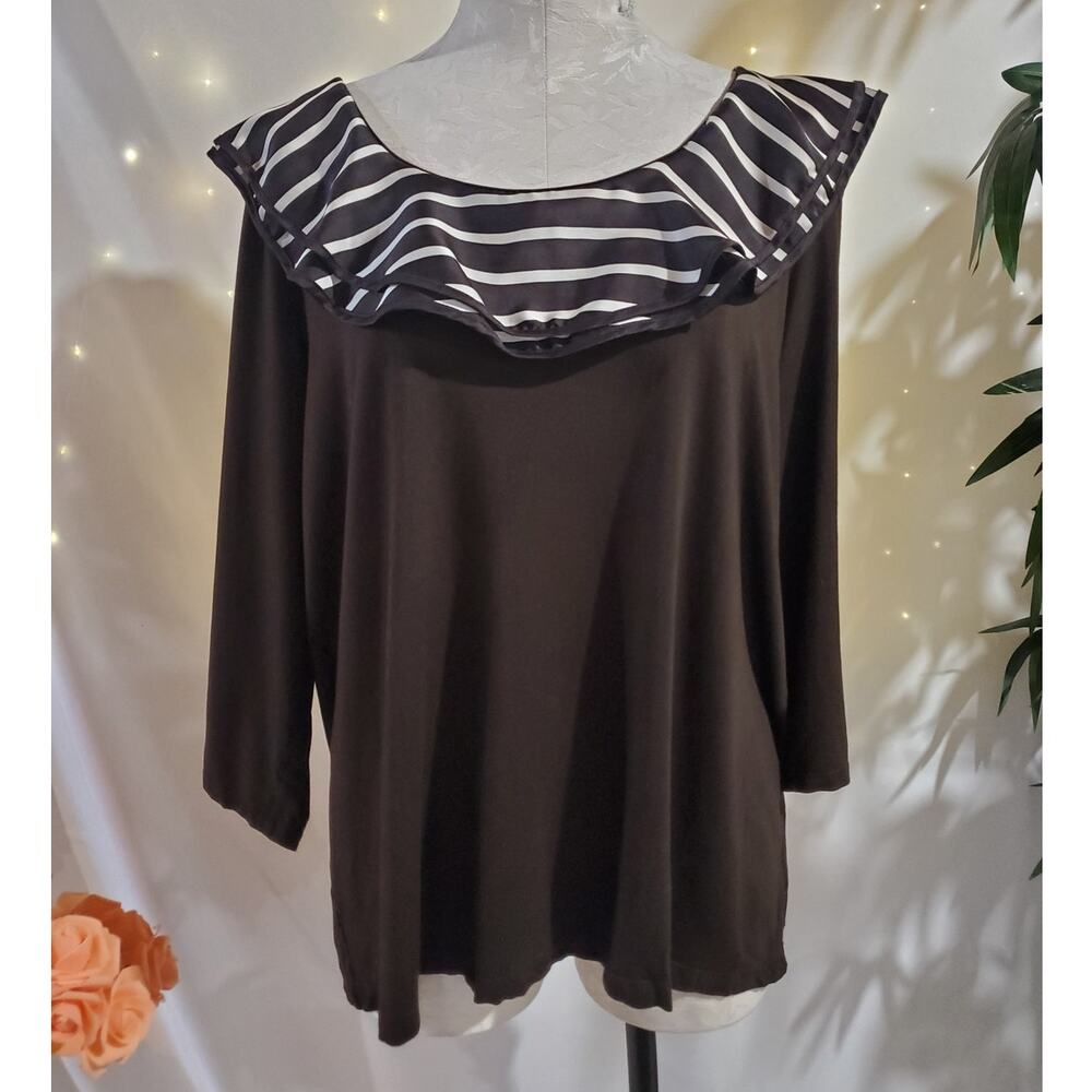 Lauren Ralph Lauren Stripe Satin Ruffle Neck 3/4 Sleeve Blouse Plus 2X Brown Top